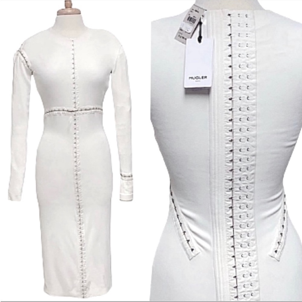 90s Mugler by Thierry Mugler white hook and eye corset style bodycon midi dress